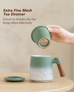 Load image into Gallery viewer, ZENS Tea Mug with Infuser and Lid for Loose Leaf Steeper, 16.9 oz Embossed Ceramic Tea Cup with Fine Tea Strainers, Wood Handle Large Tea Diffusers Mugs for Tea Lovers Gifts