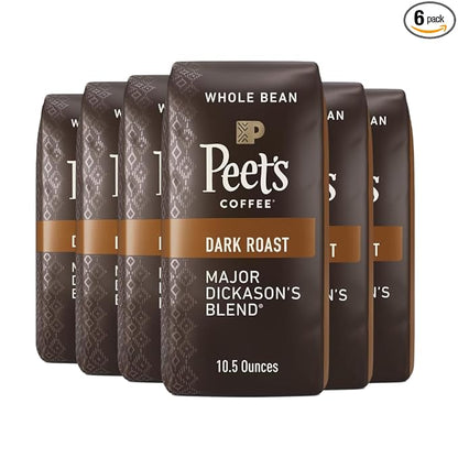 Peet's Coffee, Dark Roast Whole Bean Coffee - Major Dickason's Blend 63 Ounces (6 Bags of 10.5 Ounces)
