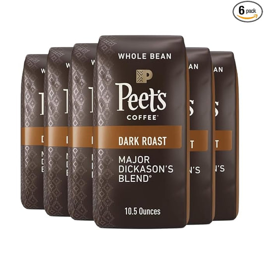 Peet's Coffee, Dark Roast Whole Bean Coffee - Major Dickason's Blend 63 Ounces (6 Bags of 10.5 Ounces)