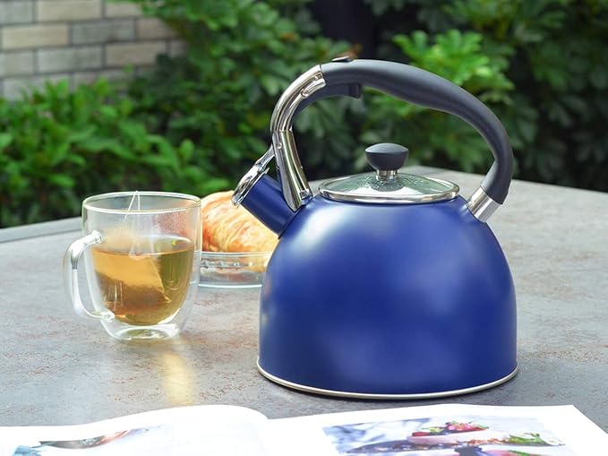 Rorence Stainless Steel Tea Kettle: 2.6 Quart Whistling Kettle with Capsule Bottom & Heat-resistant Glass Lid – Navy Blue
