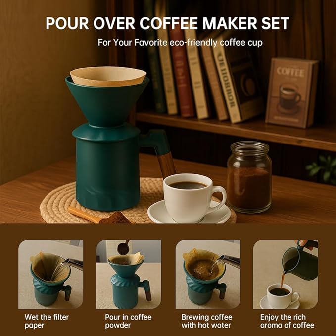 Pour Over Coffee Maker Set, Ceramic Pour Over Coffee Dripper 15.5oz/450 ml with 25 Pcs V60 Paper Filter, Coffee Pour Over Set for Camping, Green