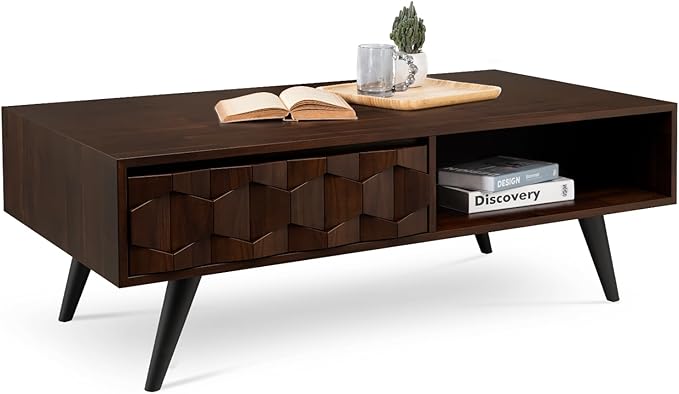 Bme Georgina Solid Wood Coffee Tables for Living Room, Coffee Table Mid Century Modern with 2 Symmetrical Storage Drawers & Geometric Details, Fully Assembled Center Table, Walnut