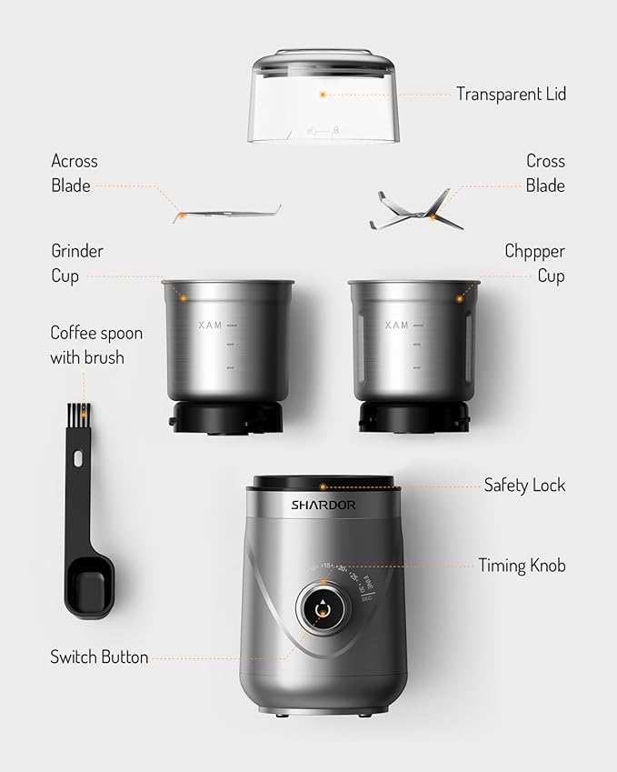 SHARDOR Electric Super Silent Blade Coffee Grinder, Timed Grind Control Rotary Knob, Adjustable Coarse to Fine for Coffee Beans, Spices & Herbs, with 2 Removable Stainless Steel Bowl, Silver