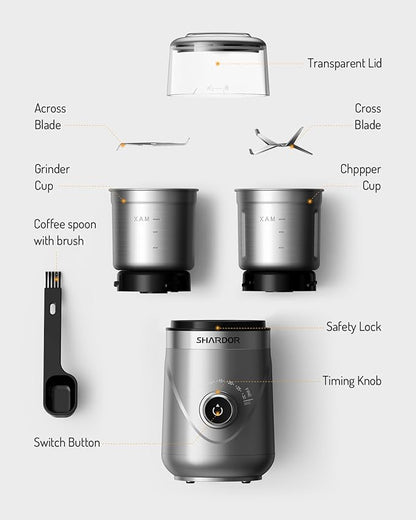 SHARDOR Electric Super Silent Blade Coffee Grinder, Timed Grind Control Rotary Knob, Adjustable Coarse to Fine for Coffee Beans, Spices & Herbs, with 2 Removable Stainless Steel Bowl, Silver