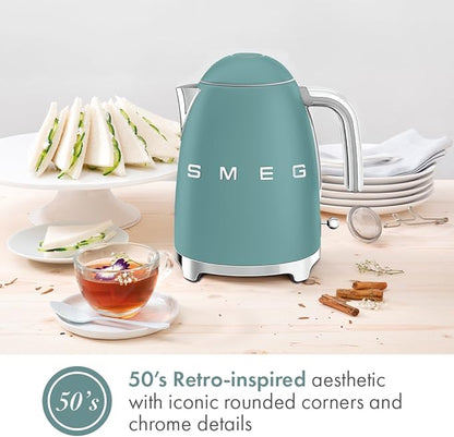 SMEG KLF03 7 Cup Electric Water Kettle, Retro-Style, Soft-Opening Lid, Auto Shut-Off, 360° Swivel Base – Jade