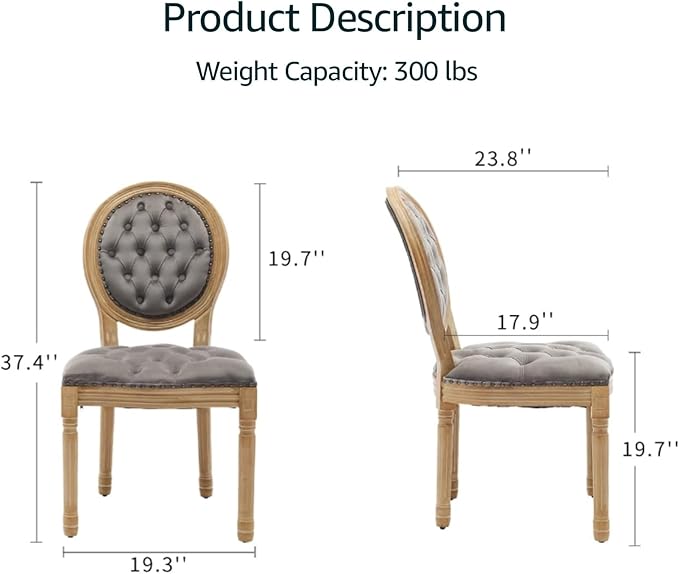 French Country Dining Chairs Set of 8, Grey Velvet Upholstered Dining Chairs, Tufted Back, Solid Wood Legs, Farmhouse Kitchen & Dining Room Chairs, Sillas De Comedor (Gray, 8Pcs)