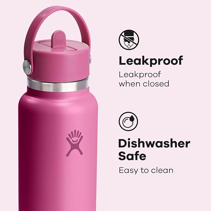 Hydro Flask Water Bottle - Insulated Stainless Steel - Wide Mouth Flex Straw Lid, Non Spill, Leakproof and Refillable in 32 Oz Reef Pink