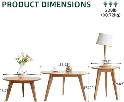 100% Solid Oak Wood Coffee Table Set, Round Coffee Table Combo Side Table w/Solid Wood Legs, Mid Century Table Sturdy Tables for Bedroom Balcony Living Room (Natural, Small-Medium Combo)