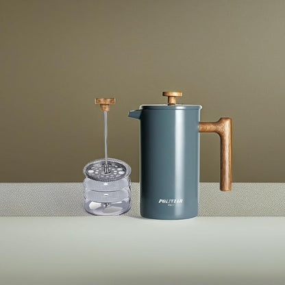 POLIVIAR French Press Coffee Maker, 34 oz Coffee Press with Real Wood Handle, Double Wall Insulation & Dual-Filter Screen, Food Grade Stainless Steel for Good Coffee and Tea (Alpline)