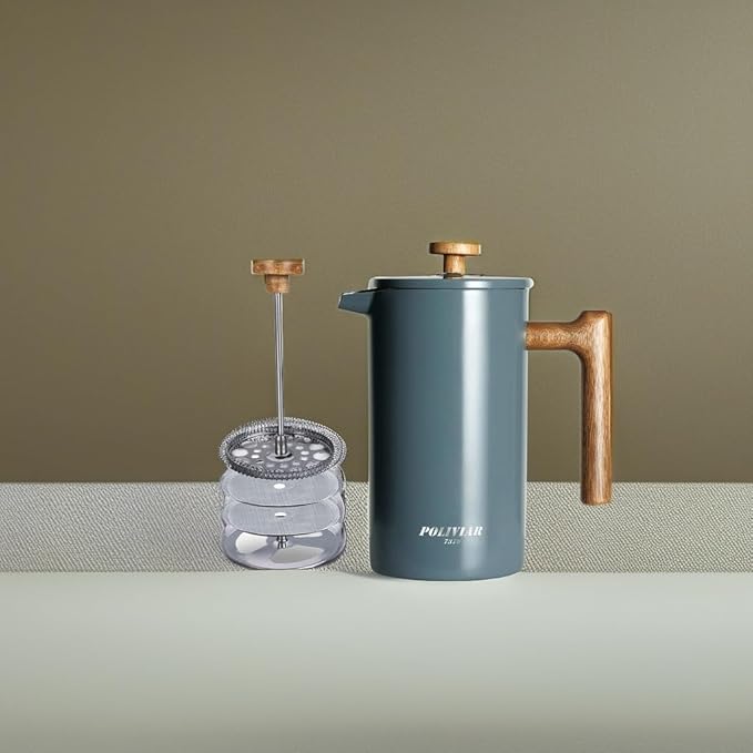 POLIVIAR French Press Coffee Maker, 34 oz Coffee Press with Real Wood Handle, Double Wall Insulation & Dual-Filter Screen, Food Grade Stainless Steel for Good Coffee and Tea (Alpline)