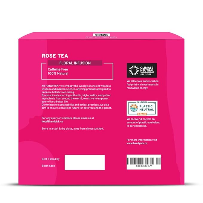 HANDPICK, Rose Buds Herbal Tea Bags - 50 Count | Caffeine Free Tulsi Tea with Chamomile & Rose Extracts | Floral & Smooth | Round Eco-conscious Tea Bags