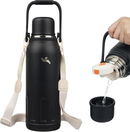 Insulated Water Bottle with Handle and Strap,Vacuum Travel Tumbler with Cup Lid,Thermo Coffee Cup for Hot Cold Drinks 50 OZ,Black