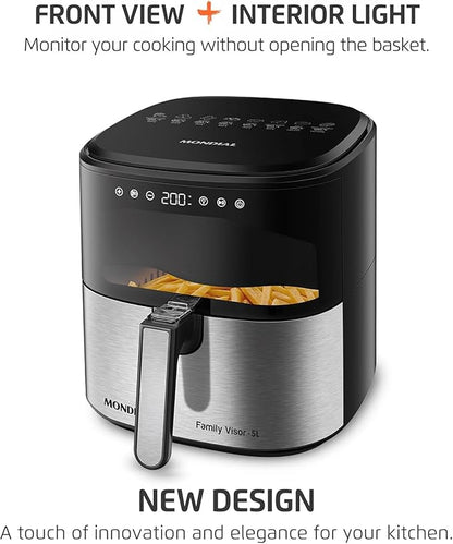 Air Fryer Digital Visor Inox 5.3QT Capacity - High Power & Elegant Stainless Steel Finish - Black & Inox