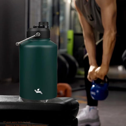 1 Gallon Jug with Handle,128 oz Insulated Water Bottle with Carrying Pouch, Double Wall Vacuum Stainless Steel Metal Bottle,Dark Green