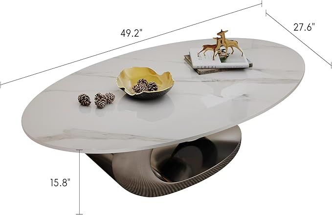 Marble Grain Coffee Table with Gold Stainless Steel Pedestal,Modern Coffee Tables,Oval Living Room Table with Faux Marble Top & Luxury Legs,Sintered Stone Cocktail Center Table,49.20inch