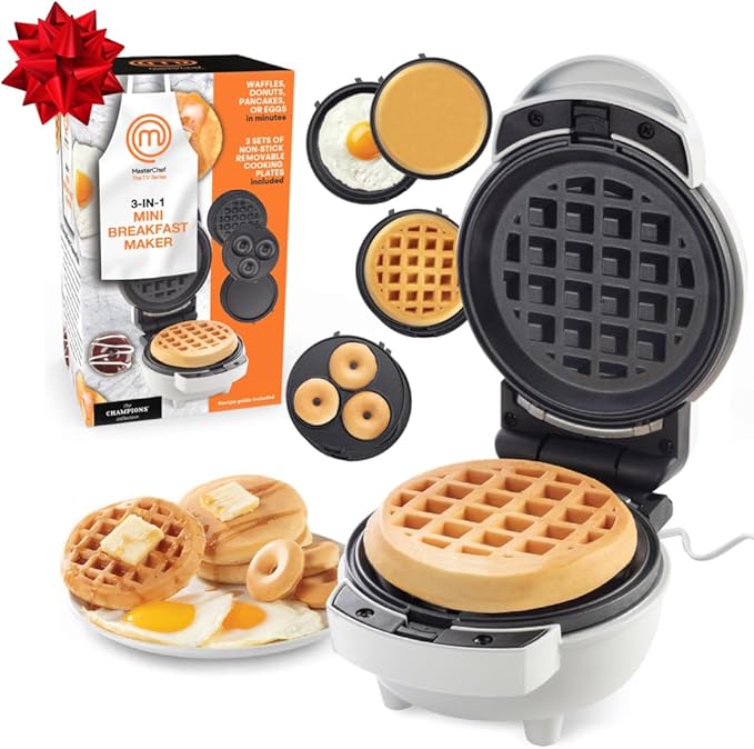 MasterChef 3-in-1 Mini Holiday Breakfast Maker- Make Eggs Pancakes Donuts Waffles & More in 1 Easy to Use Appliance! 3 Removable NonStick Cooking Plates for Quick Cleaning Storing- Compact Cooker Gift