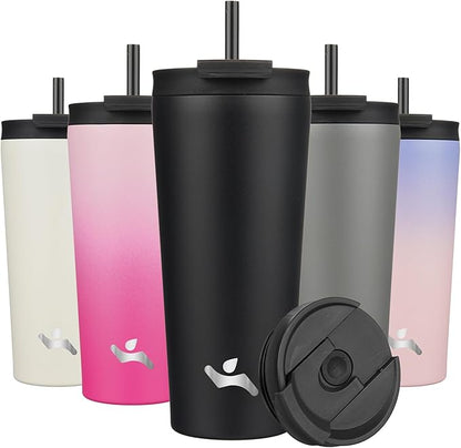 22 OZ Insulated Tumbler with Lid and 2 Straws Stainless Steel Water Bottle Vacuum Travel Mug Coffee Cup,Black
