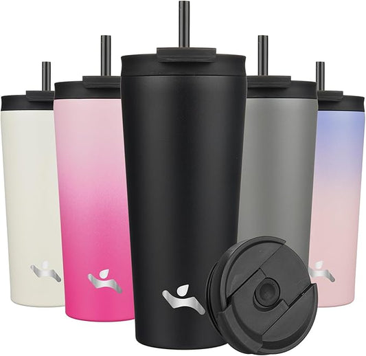 22 OZ Insulated Tumbler with Lid and 2 Straws Stainless Steel Water Bottle Vacuum Travel Mug Coffee Cup,Black