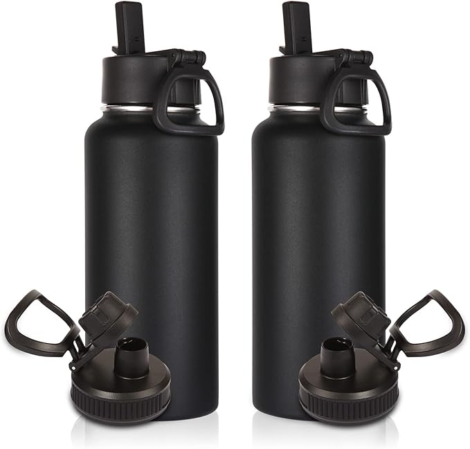 Volhoply 32oz Insulated Water Bottles Bulk 2 Pack with Straw Lid & Spout Lid,Stainless Steel Sports Water Bottle,Double Wall Vacuum Cups,Leakproof Wide Mouth Metal Flask for Hiking,Camping(Black,2)