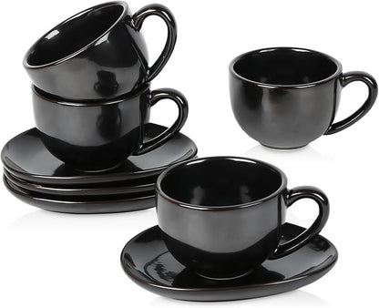 vicrays 6.5 oz Cappuccino Cups with Saucers, Set of 4, Ceramic Coffee Cup for Au Lait, Double shot, Latte, Cafe Mocha, Tea (Black)