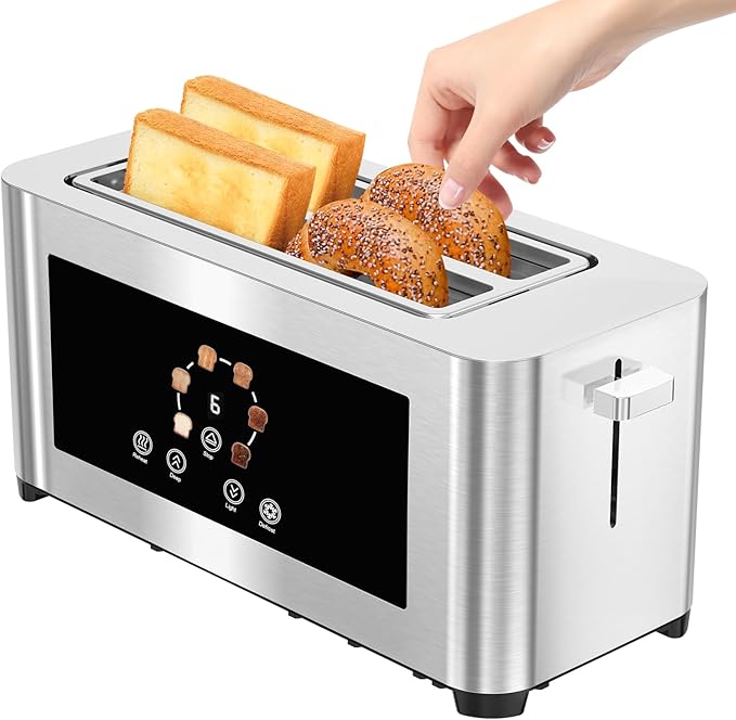 Touch Screen Smart Toaster 4 Slice, LCD Display, 1.6" Long Slot Toaster with 6 Shade Settings, Defrost, Reheat & Removable Tray, Wide Slot for Long Bread, Bagels, Waffles, 1300W, Stainless Steel