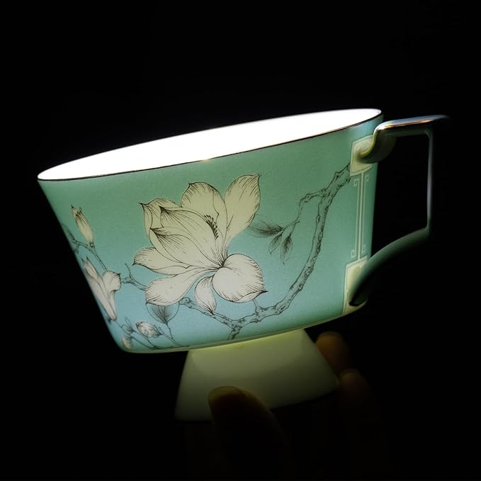 KAMMAK Ceramic Coffee Cups Saucers Set of 2, Porcelain Espresso Cups with Saucers, 8.12 oz Handcrafted Elegant Bone China Tea Cups, Blue & Sage Green Flower Teacup for Party, Office, Women Gift