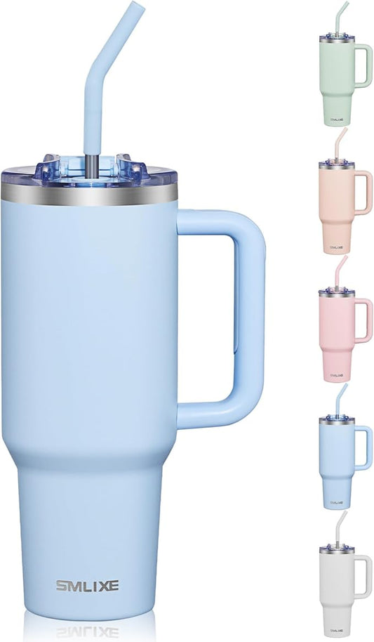 COKTIK 40 oz Tumbler With Handle and Straw Lid, Vacuum Insulated Travel Coffee Mug Stainless Steel Insulated Cup for Beverages, Leak-proof, Cupholder Friendly (Silent Sky)