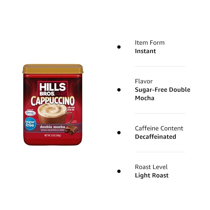 Hills Bros. Cappuccino Mix – Rich, Frothy Coffeehouse-Tasting Instant Drink Mix – Quick and Easy Preparation – Perfect for Hot & Iced Drinks & Creaming Coffee – Sugar-Free Double Mocha, 1 Pack of 12oz