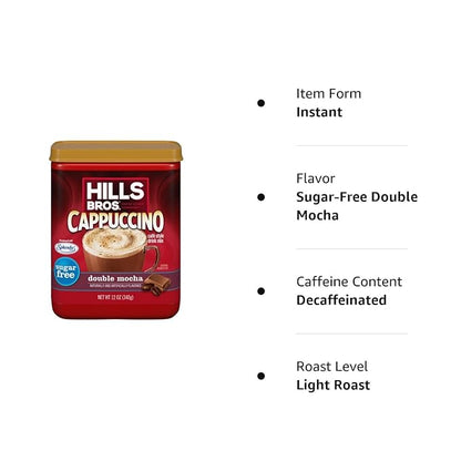 Hills Bros. Cappuccino Mix – Rich, Frothy Coffeehouse-Tasting Instant Drink Mix – Quick and Easy Preparation – Perfect for Hot & Iced Drinks & Creaming Coffee – Sugar-Free Double Mocha, 1 Pack of 12oz