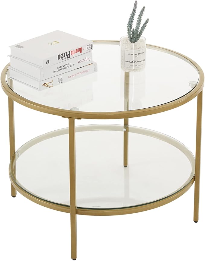 VINGLI Glass Coffee Table, 25.6" Round Champagne Gold Coffee Tables for Living Room, 2-Tier Glass Top Coffee Table with Storage Clear Coffee Table, Simple & Modern Center Table for Small Space