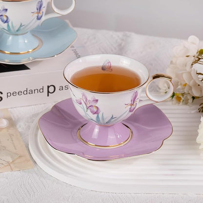 KAMMAK Ceramic Coffee Cups Saucers Set of 2, Porcelain Espresso Cups with Saucers, 8.45 oz Handcrafted Elegant Bone China Tea Cups, Iris Flower & Butterfly Pattern Teacup for Party, Office, Gift