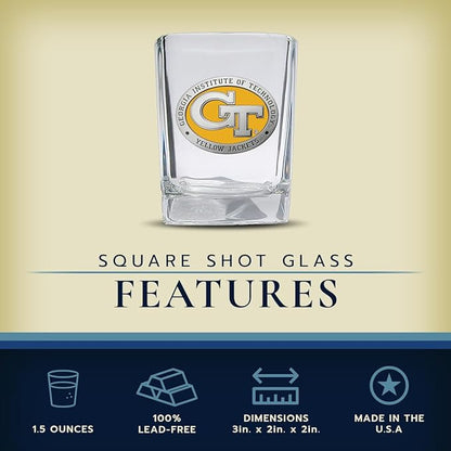 Heritage Pewter GT Square Shot Glass | Hand-Sculpted 1.5 Ounce Shot Glass | Intricately Crafted Metal Pewter Alma Mater Inlay
