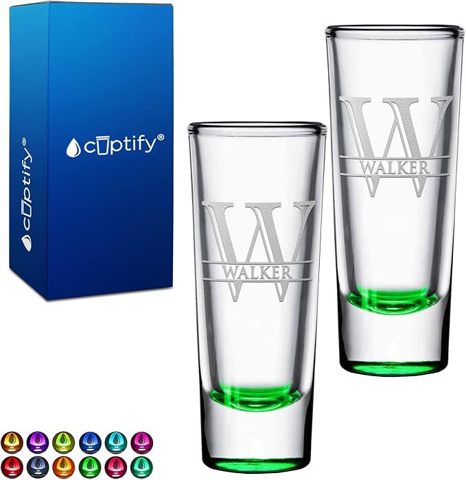 Personalized Shot Glasses Set of 2 Green Bottom Custom 2 oz Cordial Shot Glass Initial and Name for Gifts, Weddings, Birthdays, Party, Event, Decorations