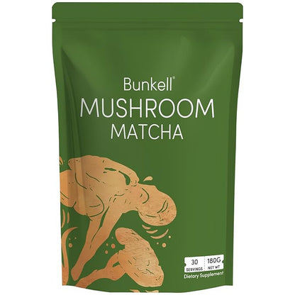 Bunkell Mushroom Matcha, Adaptogenic 6 Mushrooms Mix w/Japanese Matcha, Ceremonial Powder Blend with Lion's Mane, Reishi, Cordyceps & Shiitake for Energy, Focus & Immune Support, 30 Servings 1 Pack