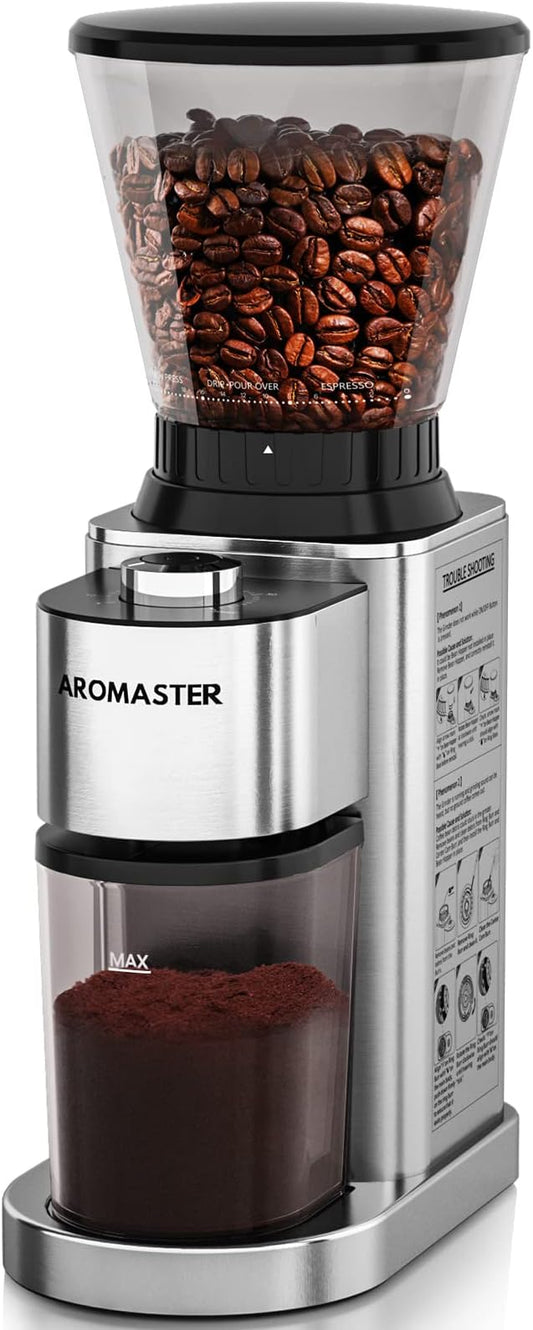 Aromaster Coffee Bean Grinder with 48 Gind Settings, Conical Burr Coffee Grinder for Home Use,Stainless Steel,40 Seconds Adjustable Timer,Anti-static,Easy to Clean with Brush