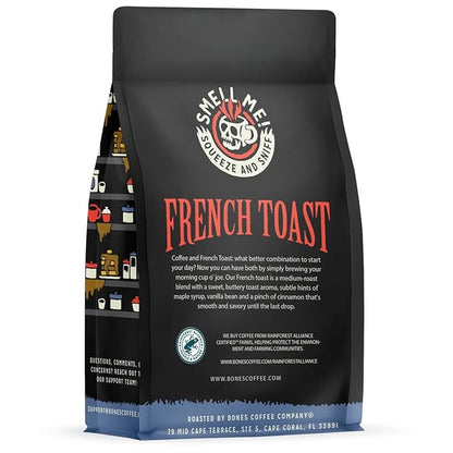 Bones Coffee Company French Toast, Sweet and Buttery Flavored Flavored Coffee, Medium Roast Low Acid Arabica Beans Compatible with Auto drip and French Press Coffee Maker, 12 Oz Whole Bean