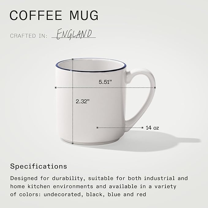 Made In Cookware - Set of 4 - Coffee Mug Set - 12 oz - White With Navy Rim - Porcelain - Crafted in England - Dishwasher and Microwave Safe