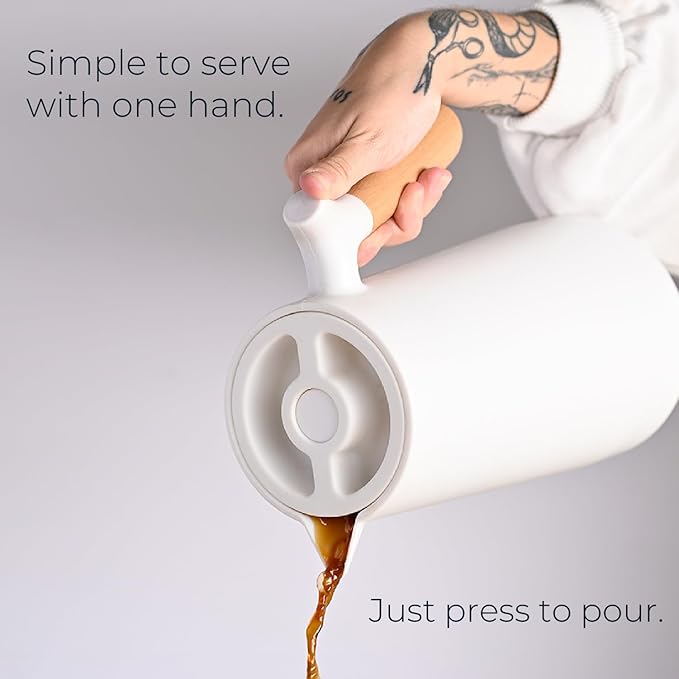 WOLFF - White Thermal Coffee Carafe – 34oz / 1L Insulated Carafe - Food-Safe Plastic Exterior and Glass Liner, Wood-Style Handle – Keeps Drinks Hot or Cold, Leakproof Coffee and Tea Dispenser