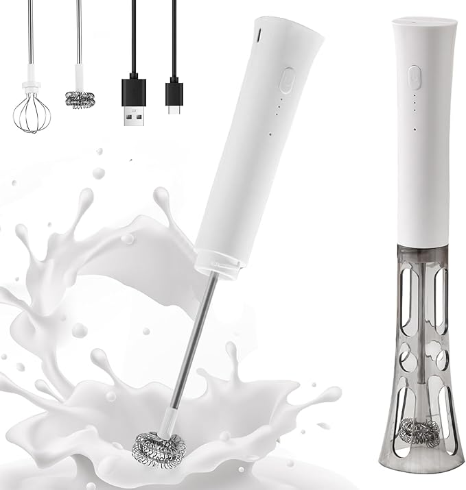 Splash-Proof Handheld Milk Frother with Cover - Rechargeable Milk Frother Wand, Type-C Fast Charging, 15-Second Silent Whisk for Coffee, Matcha, Lattes, Cappuccino