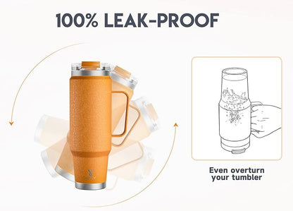 Meoky 40oz Tumbler with Handle, Stainless Steel Travel Mug with 2-in-1 Straw and Sip Lid, Vacuum Insulated Coffee Mug, 100% Leak Proof, Keeps Cold for 34 Hours or Hot for 10 Hours (Maple)