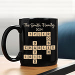 Load image into Gallery viewer, Family Forever Linked Together Custom Names Ceramic Mug, Crossword Puzzle Art, for Birthday, Anniversary or Special Occasions (Family Forever Linked Together Black Mug)