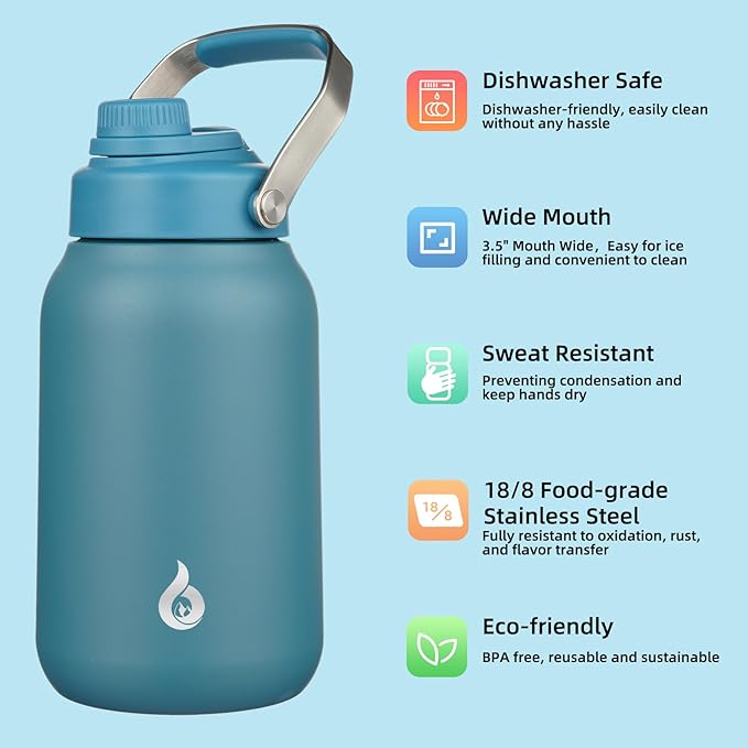 BJPKPK Half Gallon Insulated Water Bottles, 64oz Water Jug with Metal Handle & BPA Free Spout Lid, Dishwasher Safe Thermo, Large Stainless Steel Gym Sport Jugs, Navy Blue