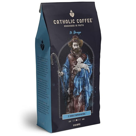 Catholic Coffee St. Drogo | Ethiopian Medium Roast Whole Bean Coffee – Dark Chocolate & Berry Notes | 12oz Bag – Catholic Gift for Coffee Lovers