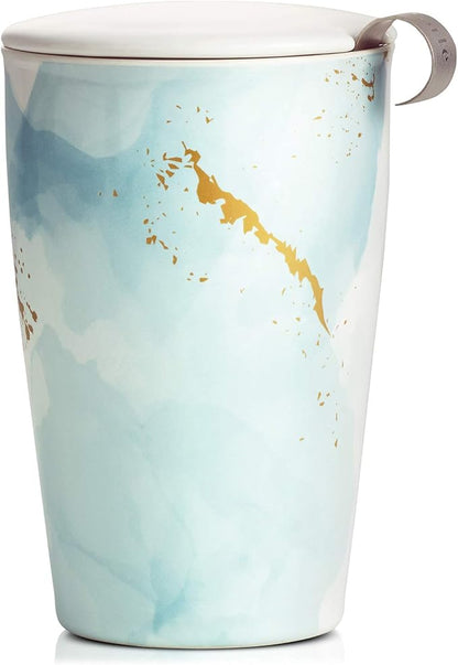 Tea Forte Wellbeing Double-Walled Ceramic Kati Cup with Removable Stainless Steel Infuser Basket and Lid, Steeps 12 oz Loose Leaf Tea, Lid and Cup Dishwasher & Microwave Safe