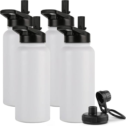 DOMICARE 32 oz Insulated Water Bottle Bulk, Vacuum Insulated Stainless Steel Sports Water Bottle with Straw Lid & Spout Lid, Leakproof, Reusable - Travel, Camping, Bike, White (4 Pack)