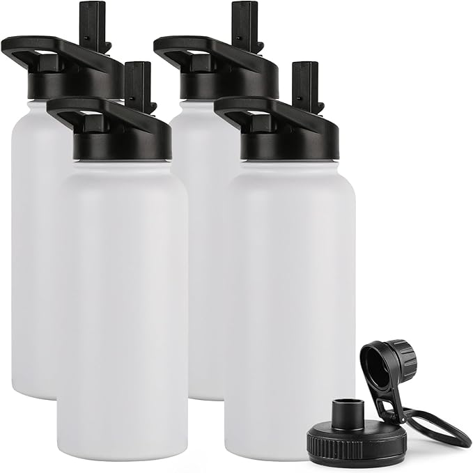 DOMICARE 32 oz Insulated Water Bottle Bulk, Vacuum Insulated Stainless Steel Sports Water Bottle with Straw Lid & Spout Lid, Leakproof, Reusable - Travel, Camping, Bike, White (4 Pack)