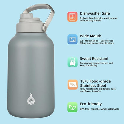 BJPKPK 1 Gallon Water Bottle Insulated, Dishwasher Safe 128oz Large Water Jug with Metal Handle & BPA Free Spout Lid, Stainless Steel Metal Thermo for Gym, Sports & Hiking, Grey