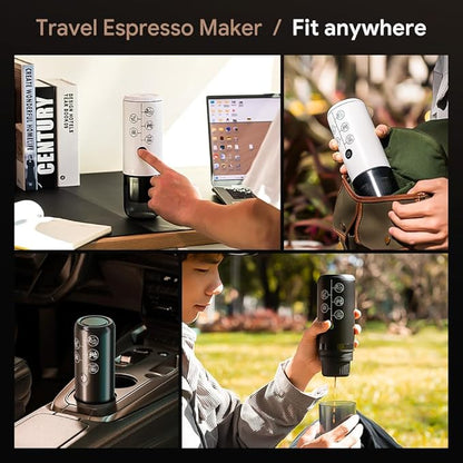 Portable Espresso Machine Mini 12V Rechargeable 3-in-1 Multi-Function Electric Coffee Machine One Key Extraction Compatible with NS & DG Capsules and Ground Coffee for Office Home (White)