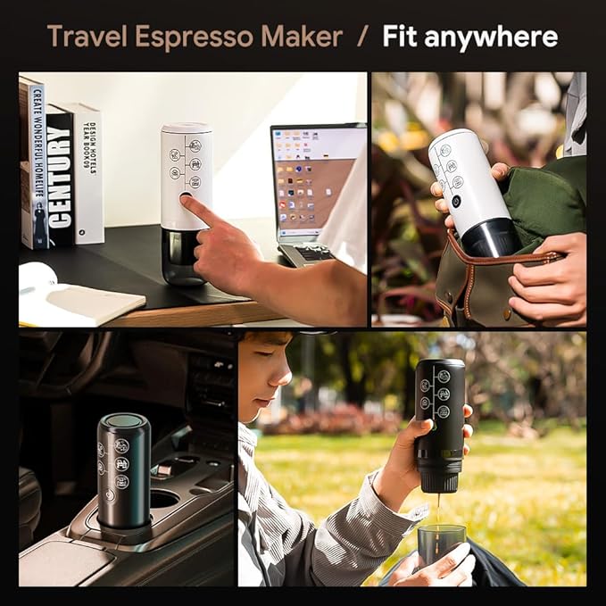 Portable Espresso Machine Mini 12V Rechargeable 3-in-1 Multi-Function Electric Coffee Machine One Key Extraction Compatible with NS & DG Capsules and Ground Coffee for Office Home (Black)