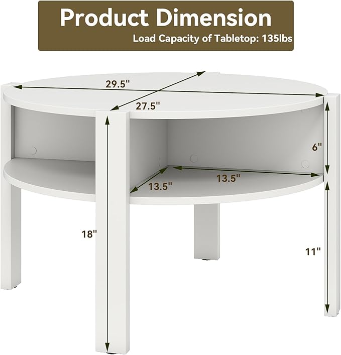 Giantex Round Coffee Table, 2-Tier Mid Century Modern Tea Cocktail Table with Storage Shelves & 4 Side Compartments, Wood Center Table for Living Room, Small Spaces (White)